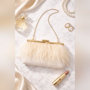 NWT Francescas Cream Feather Wedding Clutch Bag Purse Gold Frame Evening
